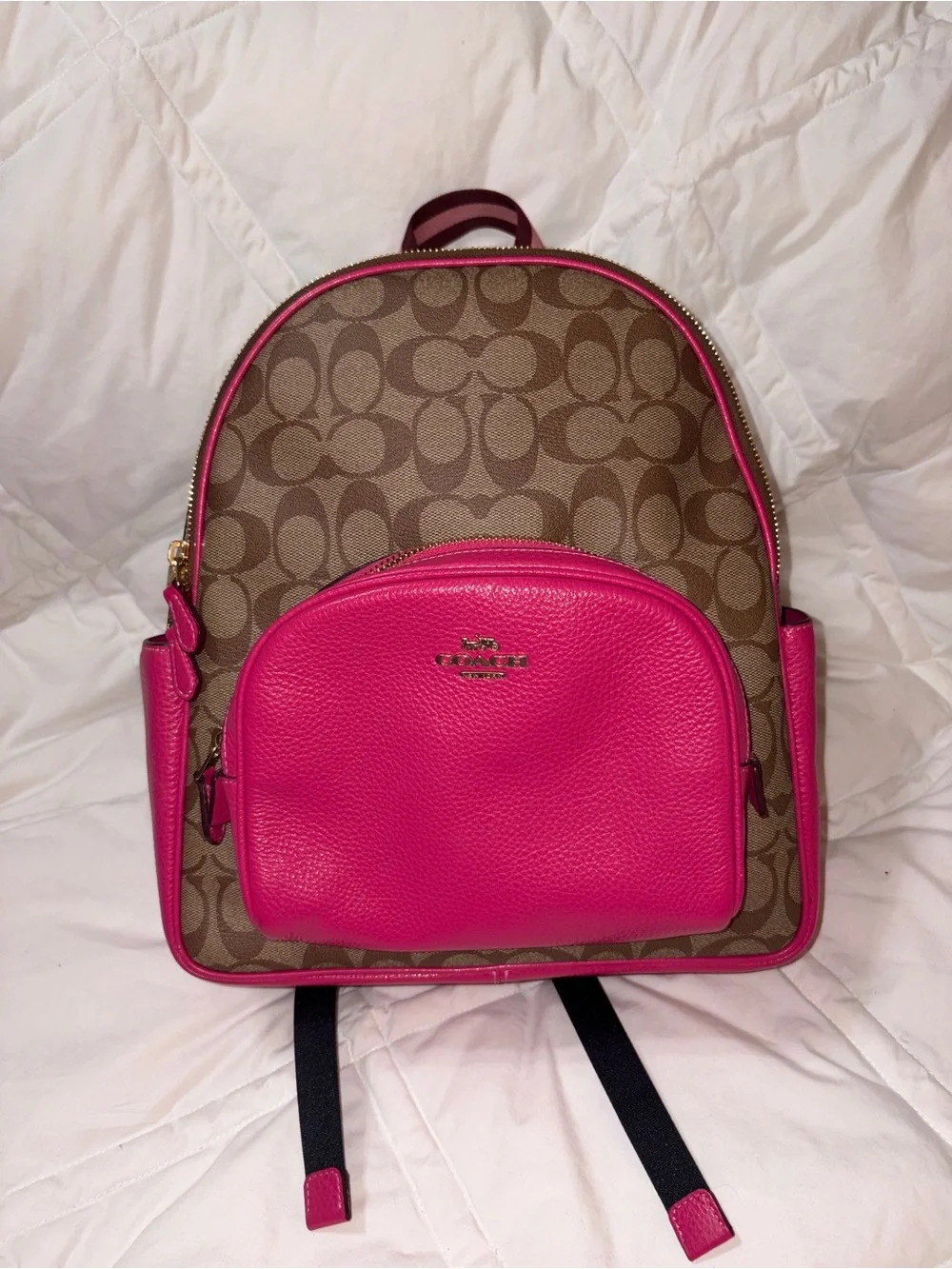 HTF NWOT Coach C8522 Court Medium Signature Leather Khaki Bold Pink Backpack